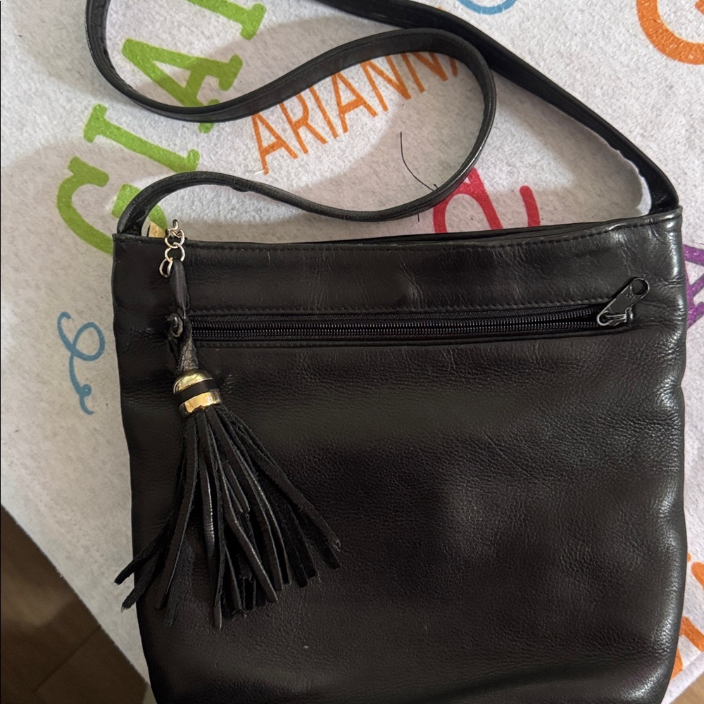 Tignanello Black Leather Crossbody with Gold Accents